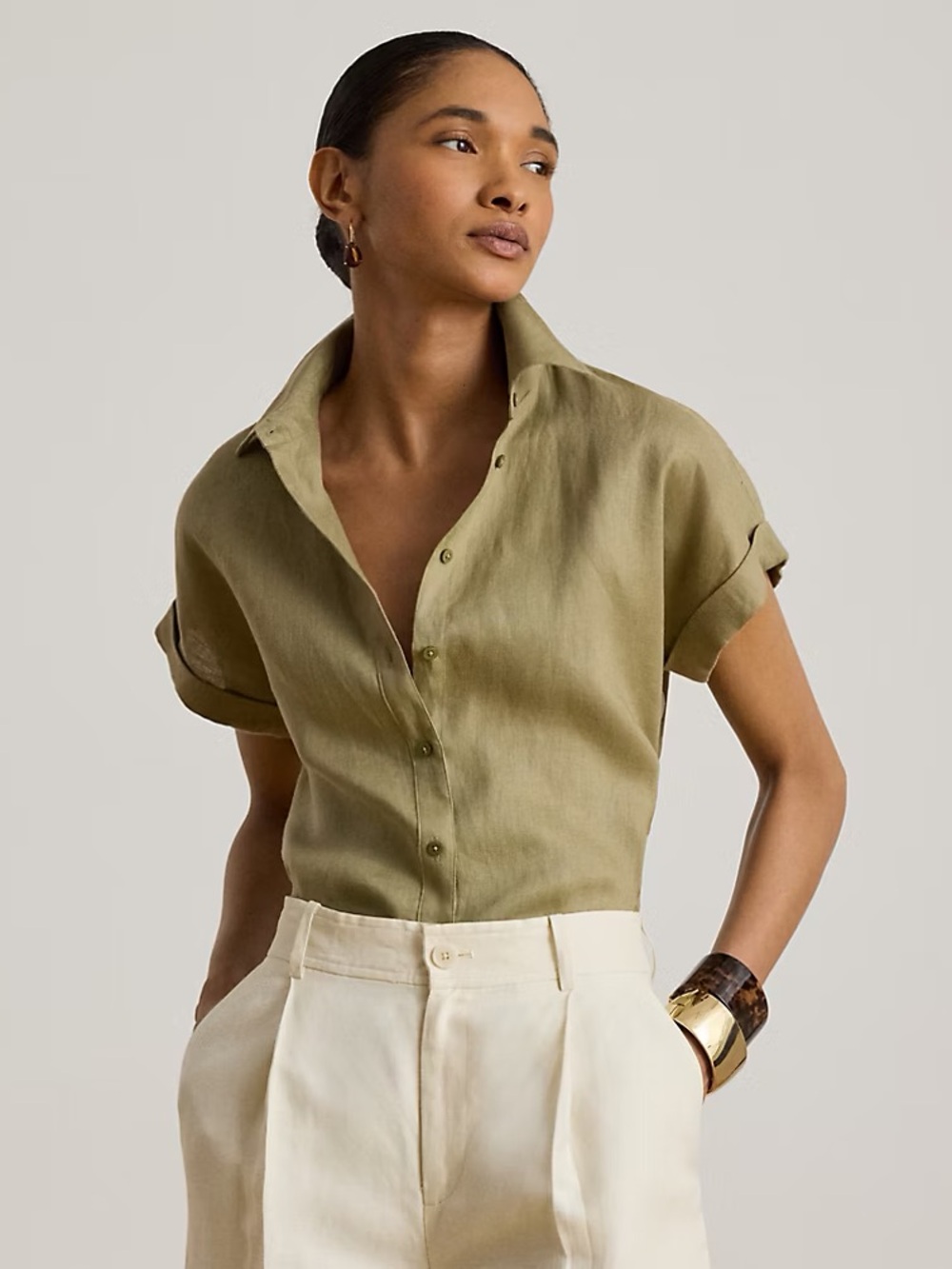 Lauren Ralph Lauren Olive Green Short-Sleeve Button-Front Shirt